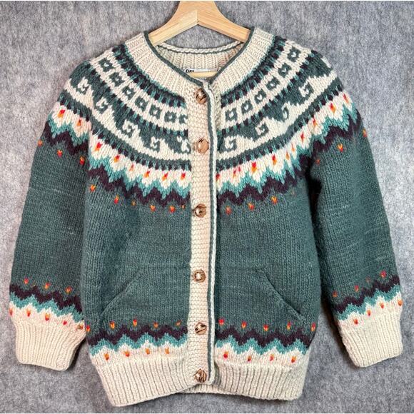 Del Mundo Sweaters - Vintage Del Mundo Handmade Wool Cardigan Green OS Ecuadorian Chunky Wood Button